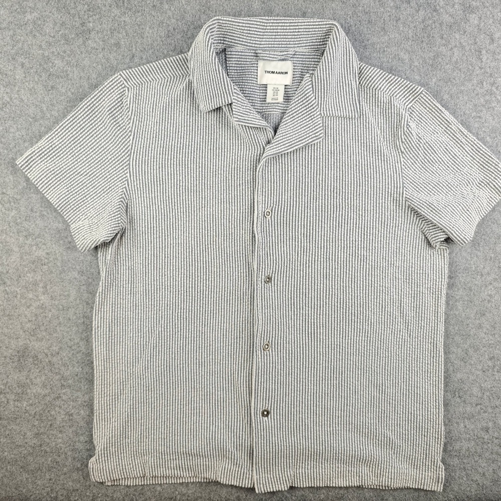 Thom Aaron Button Shirt Mens Medium Blue White Striped Seersucker Short Sleeve